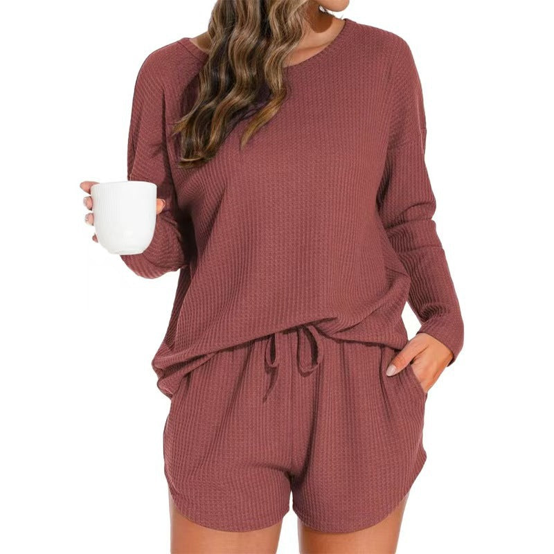 foreign trade european and american women's home clothes pure color round neck all year round home clothes casuallong sleeves drawstring mouth