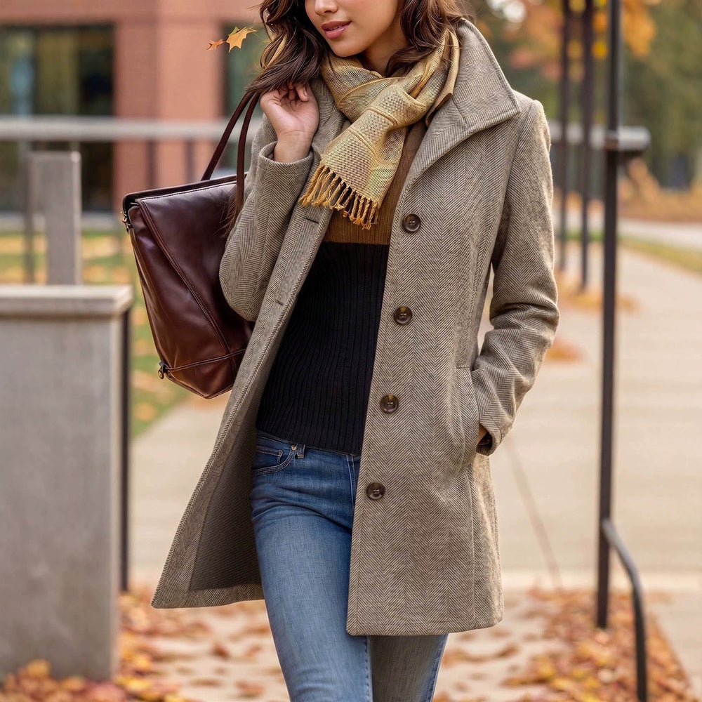 Fashionfall and winter style women's outwear herringbone pattern large lapel single breasted flap pocket pants design slimming lookwoolen coat supply