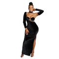 X6652 cross-border   fashion women's solid color bandeau gloves dress long gown dress