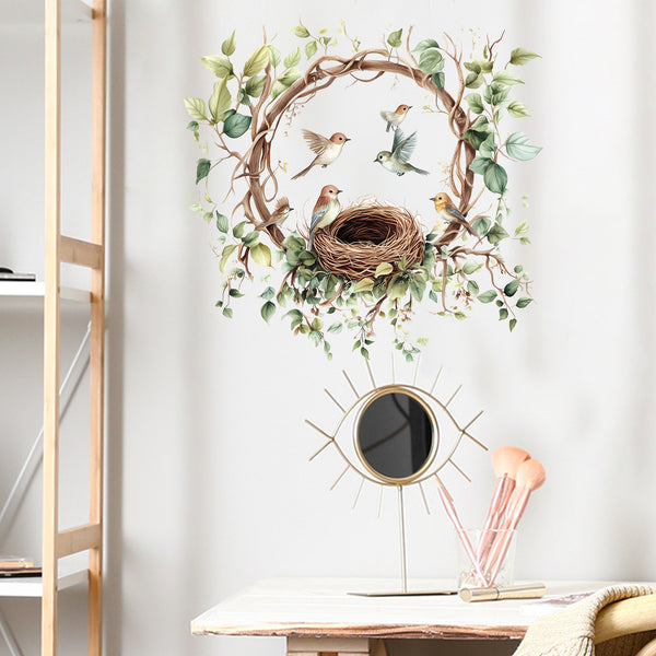Cross-border   leaf wreath bird's nest bird wall sticker arrangement bedroom room living room wall sticker