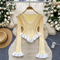 European and american style color block striped knit top - autumn ruffle hem flare sleeve slim fit outerwear base layer