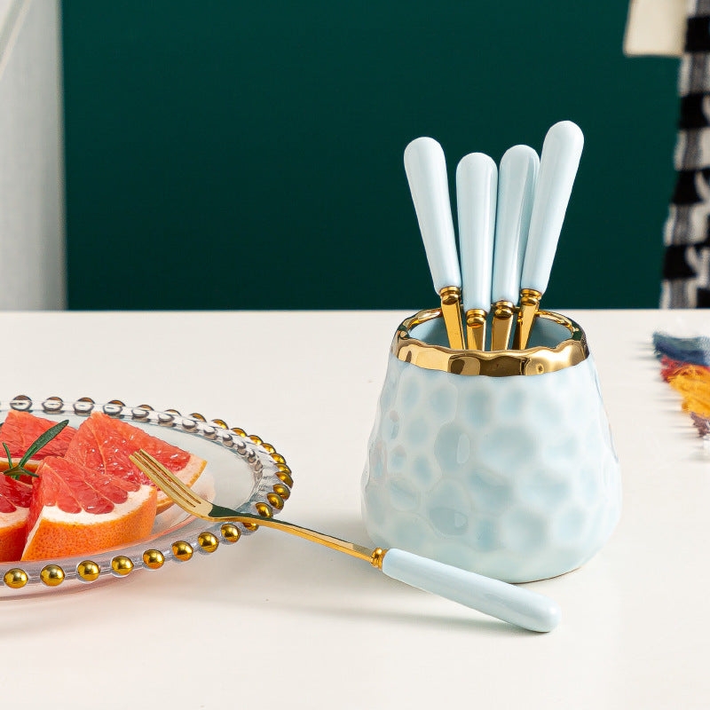 Simple fruit fork spoon ceramic storage jar stainless steel high-looking ceramic handle fruit fork household set wholesale