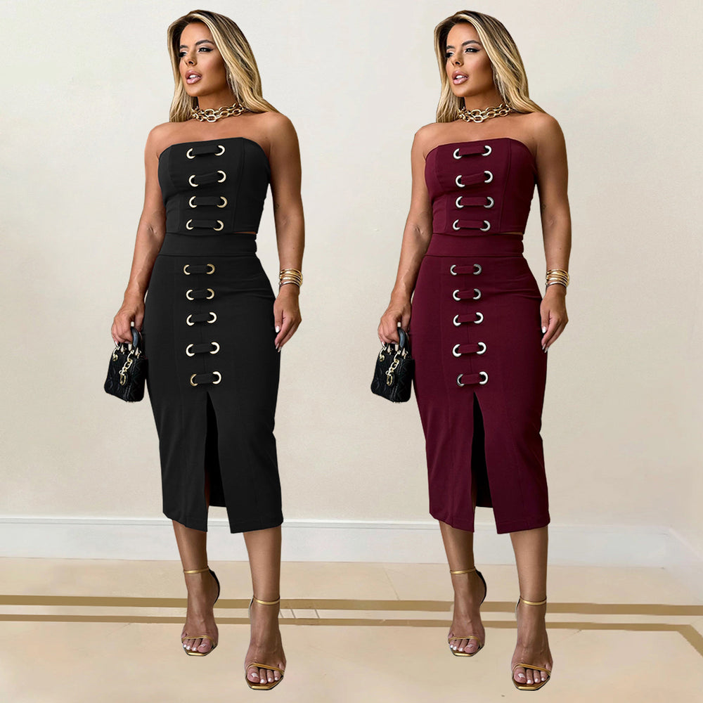 C7321 european and american style skirt set - sexy bandeau top & slit midi skirt - elegant & fashionable summer collection - cross-border women's apparel