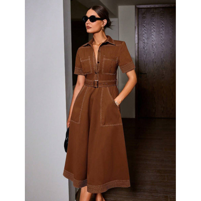 fashionautumretro lapel casualpatchwork button flap pocket pants design silm short-sleeved dress