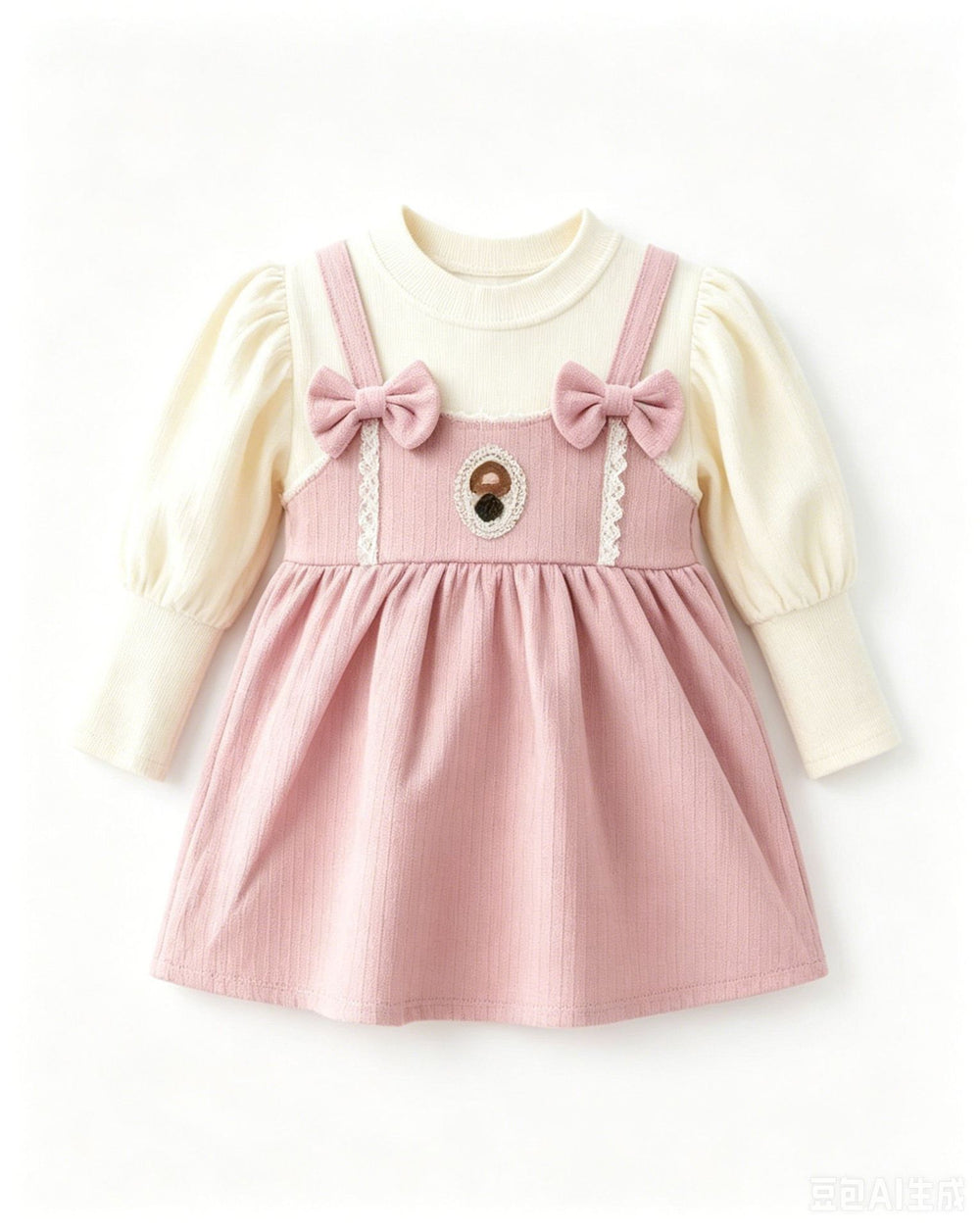 Girlbows suspender dressfake two-piecespring & fall puff sleeve bottom baby gentle bear princess dress