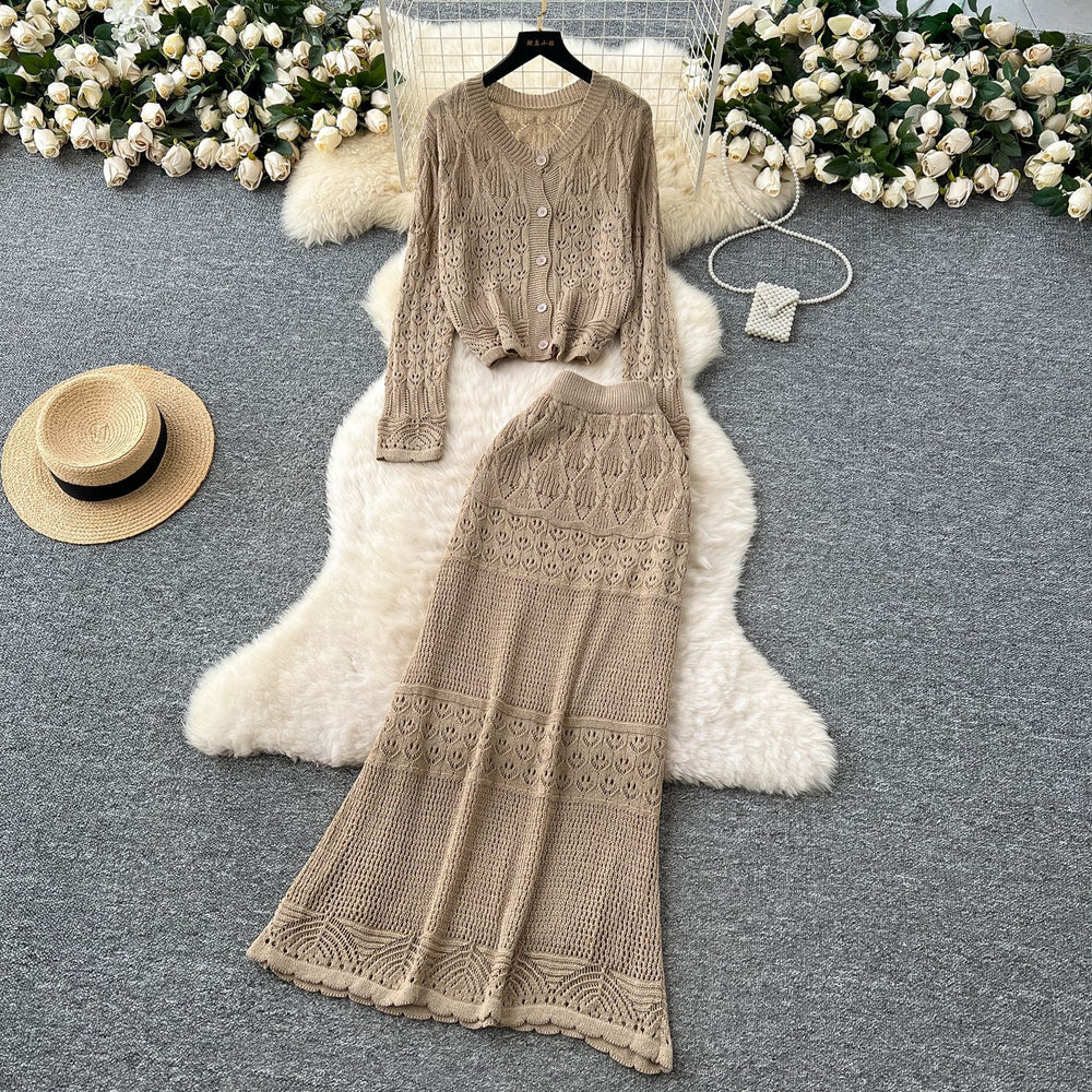 Elegant two-piece set: korean style soft hollow-out crochet round neck knit cardigan top + high-waisted bodycon midi skirt