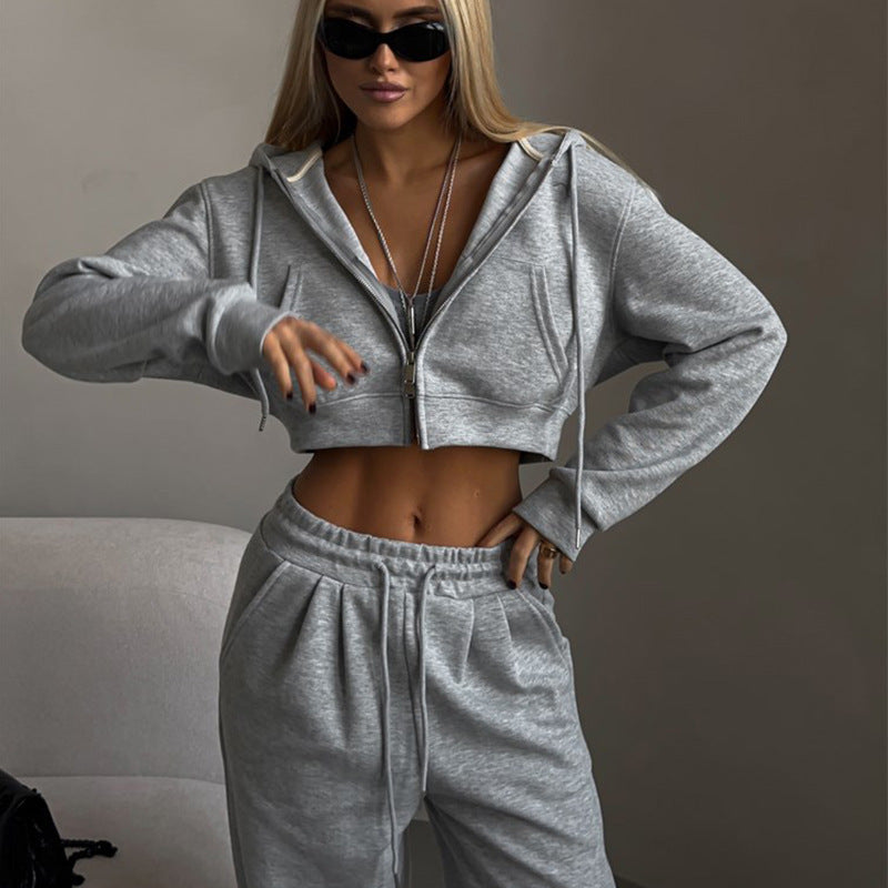 Europe, America,  autumn new women's casual suit solid color short waist hooded cardigan lace-up sweatpants