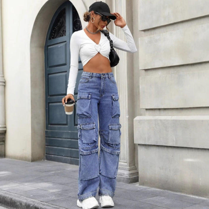 In stock - 20551#  cross-border e-commerce women's fashion european and american ins style new trendy cargo denim pants
