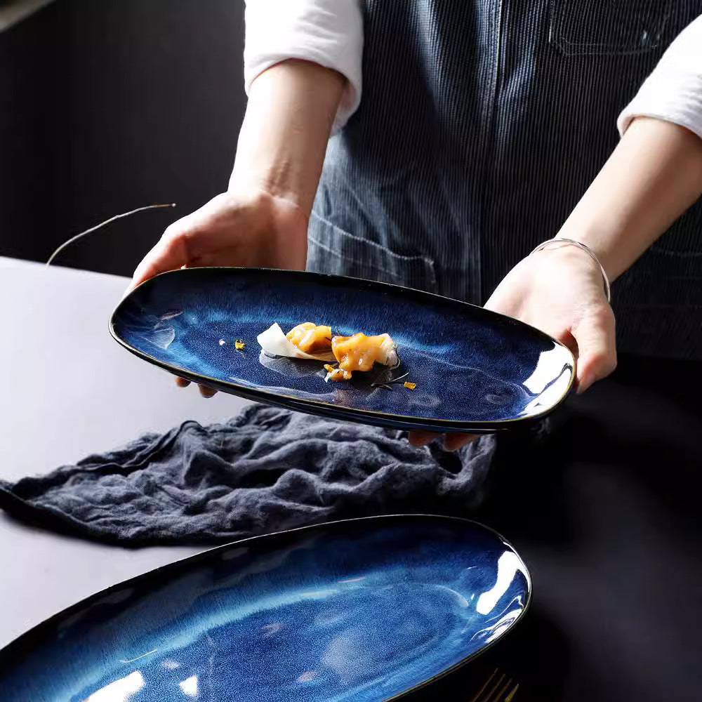 Large kiln-turned ceramic fish tray, oval sushi plate, western food plate, day-shaped plate, hotel restaurant commercial dish plate, accessible luxury