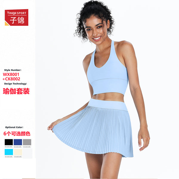 Summer casual running sports tennis skirt set fitness clothes breathable yoga nude tennis suit set 8004