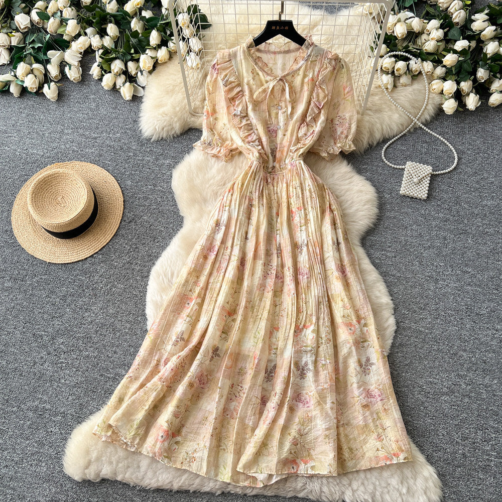 French romantic floral dress for women, summer , v-neck, puff sleeves, cinched waist, slimming, elegant maxi dress