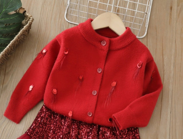 Girls' sequin sweater and skirt two-piece set - new autumn/winter korean style knitted outfit for baby girls