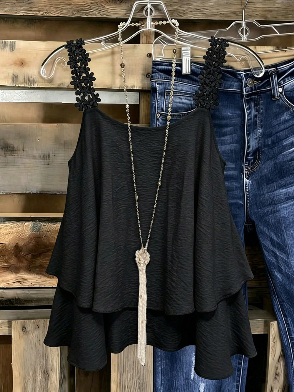 Fashion cross-border layered suspender tops flower lace shoulder strap double-layered ruffle swing looseslimming look vest