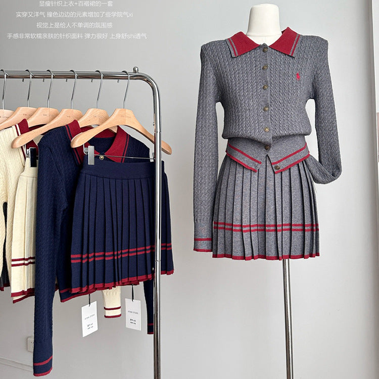 Preppy style small spur embroiderpolo collar long sleevesknittingcardigan women's autumtwo-piece setsweaterhigh waistpleated short skirt