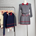Preppy style small spur embroiderpolo collar long sleevesknittingcardigan women's autumtwo-piece setsweaterhigh waistpleated short skirt