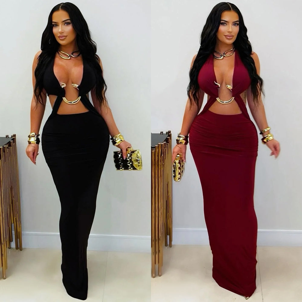 C7572 cross-border   fashion women's sexy slim-fit solid color tie-up sleeveless dress