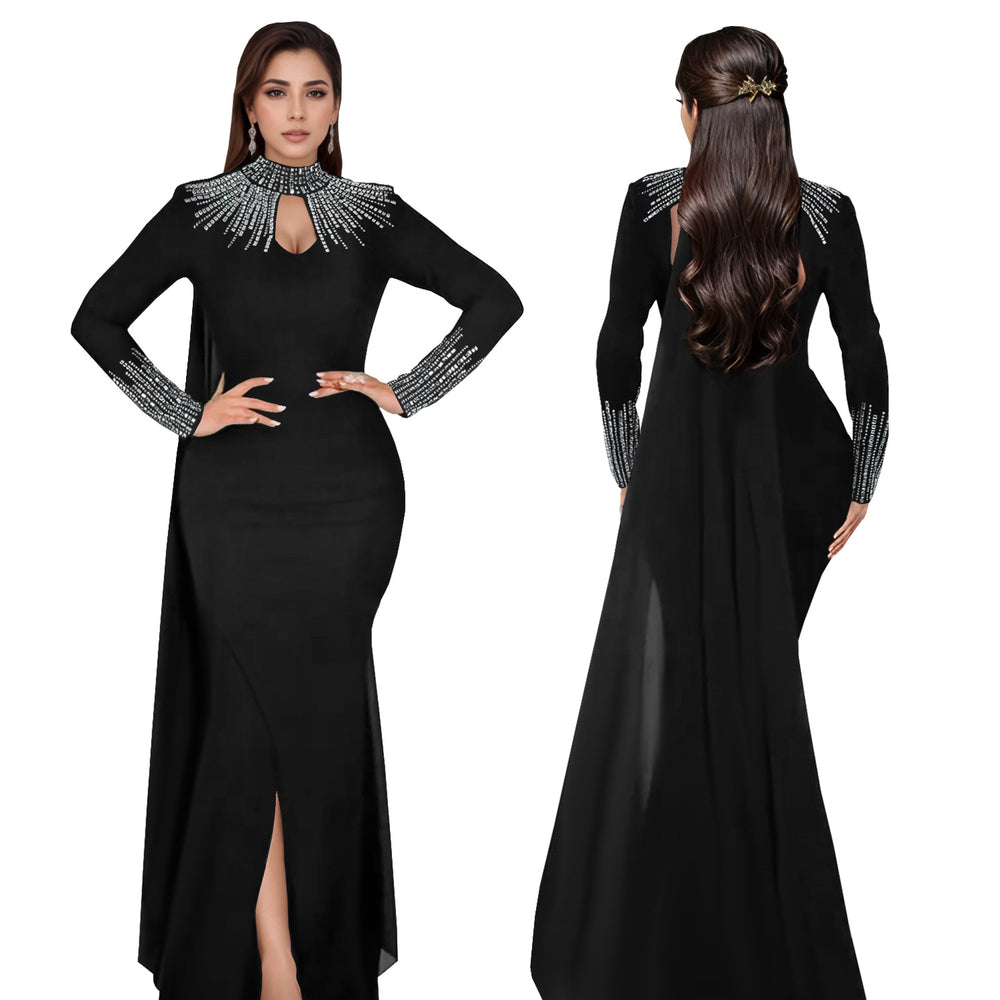 C7381 cross-border   fashion women's elegant see-through rhinestone long sleeve bodycon dress