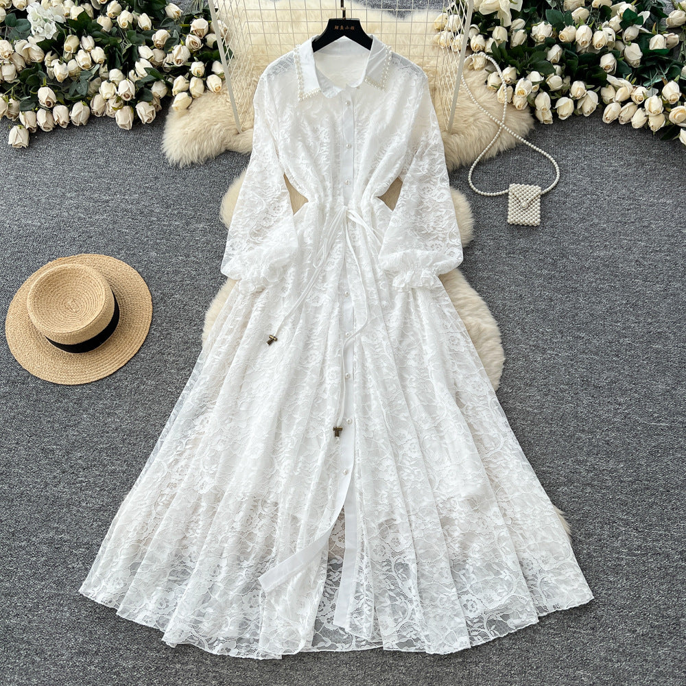 Frenchelegantelegance heavy industry beading lapel lantern sleeve single breasted strap waist slimming looklacedress women