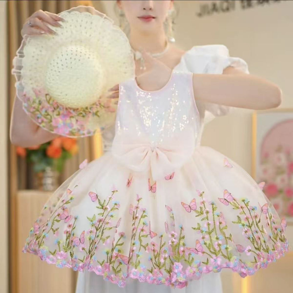 Girls' summer bowknot sequin floral mesh tutu dress -  new stylish princess dress for baby girls