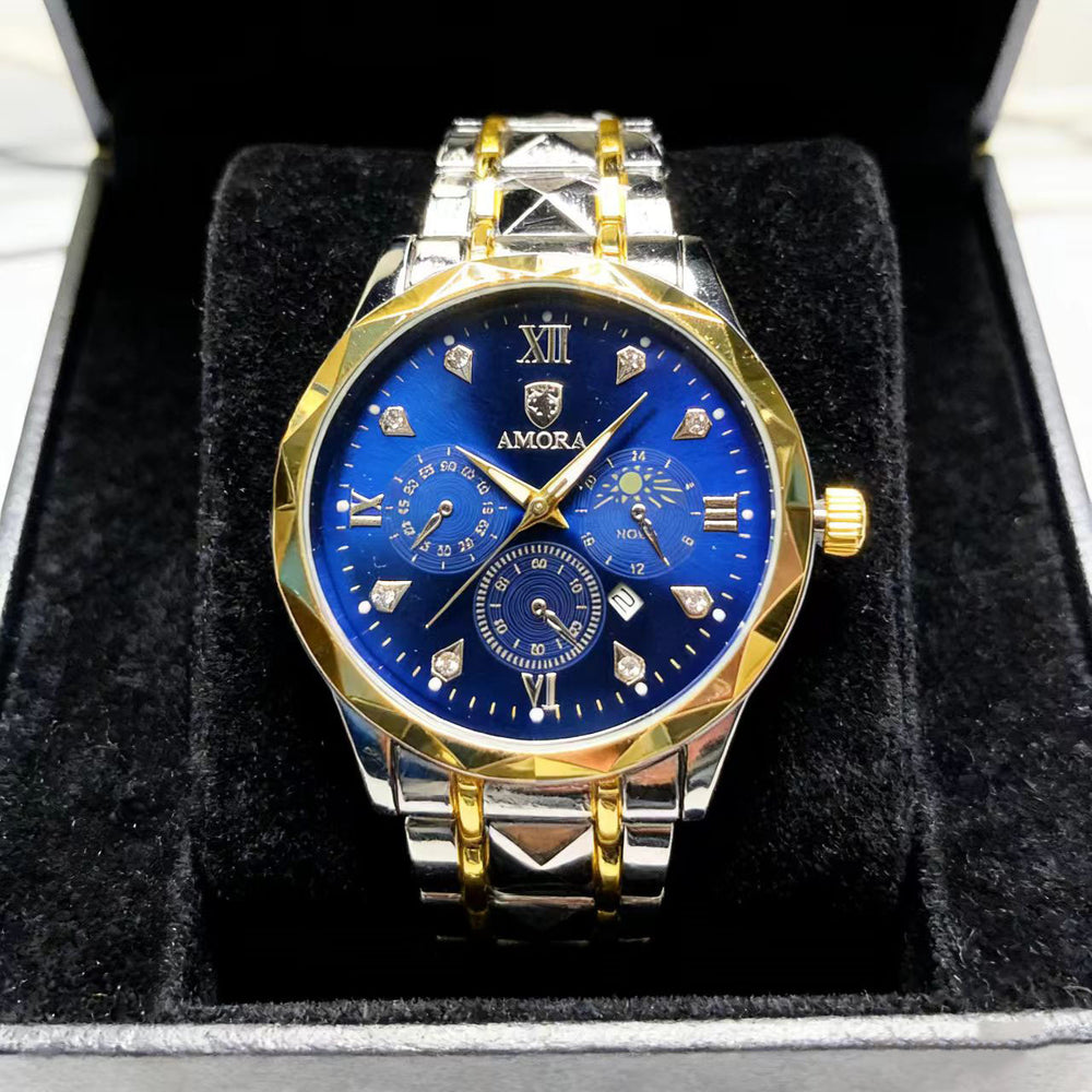 Dropshipping diamond-accented calendar multifunctional moon phase trendy fashion quartz men's watch waterproof luminous men's watch