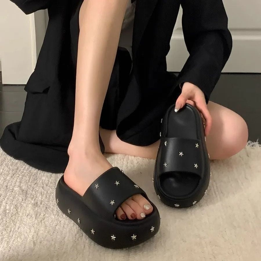 Thick sole heightened sandals women's 2026 new arrival summer outwear casual stars fashion easiest for match high heels one-line slippers