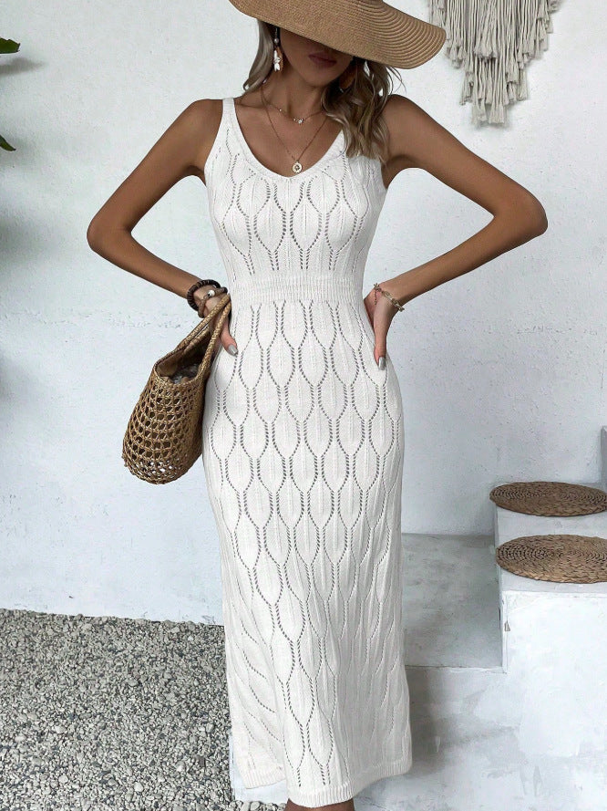 spring/summer new european and american style sexy hollow-out see-through vacation solid color backless knitted camisole maxi dress for women