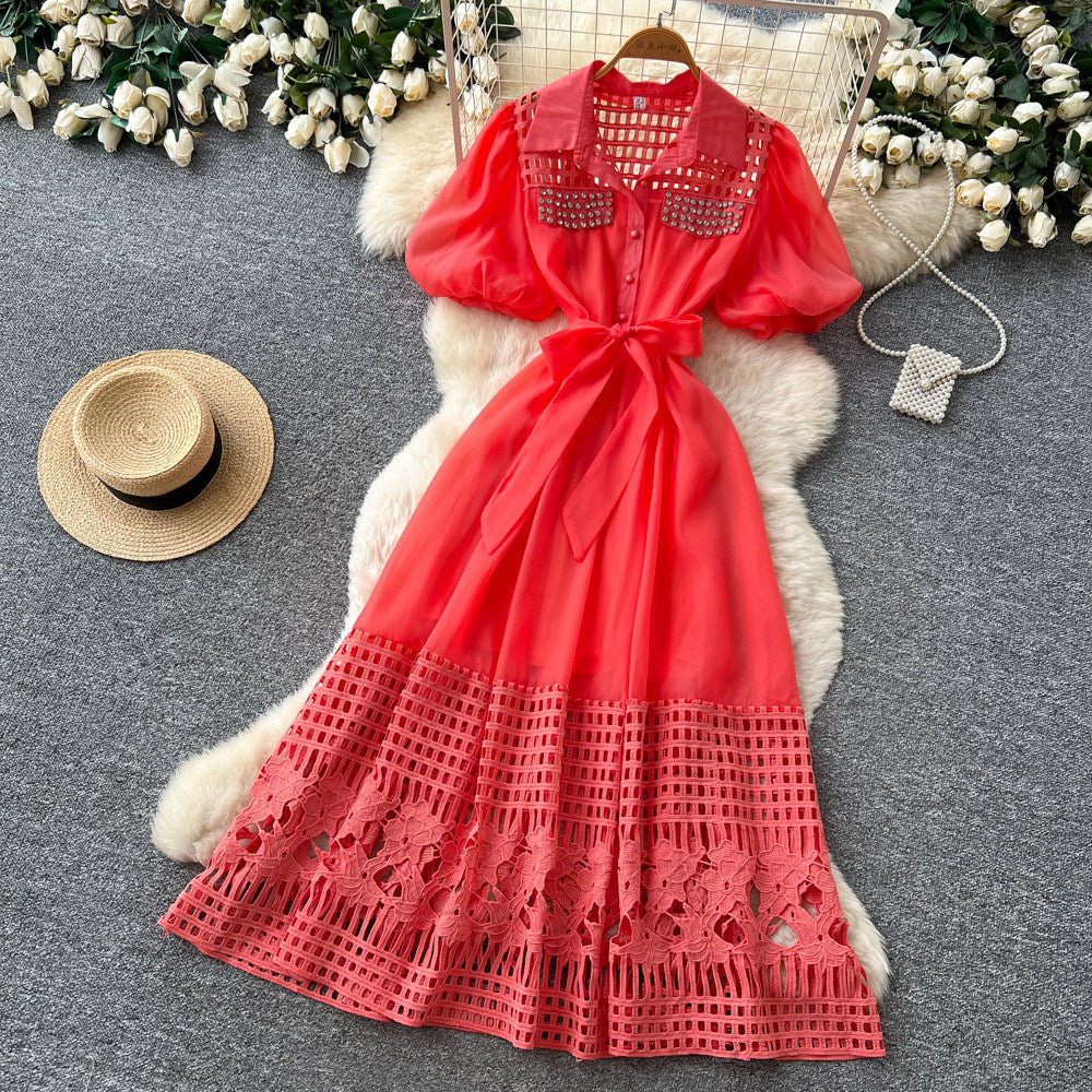 French yellow cut out short sleeve tie backdress women's summer accessible luxuryelegant style a-line work clothing long skirt