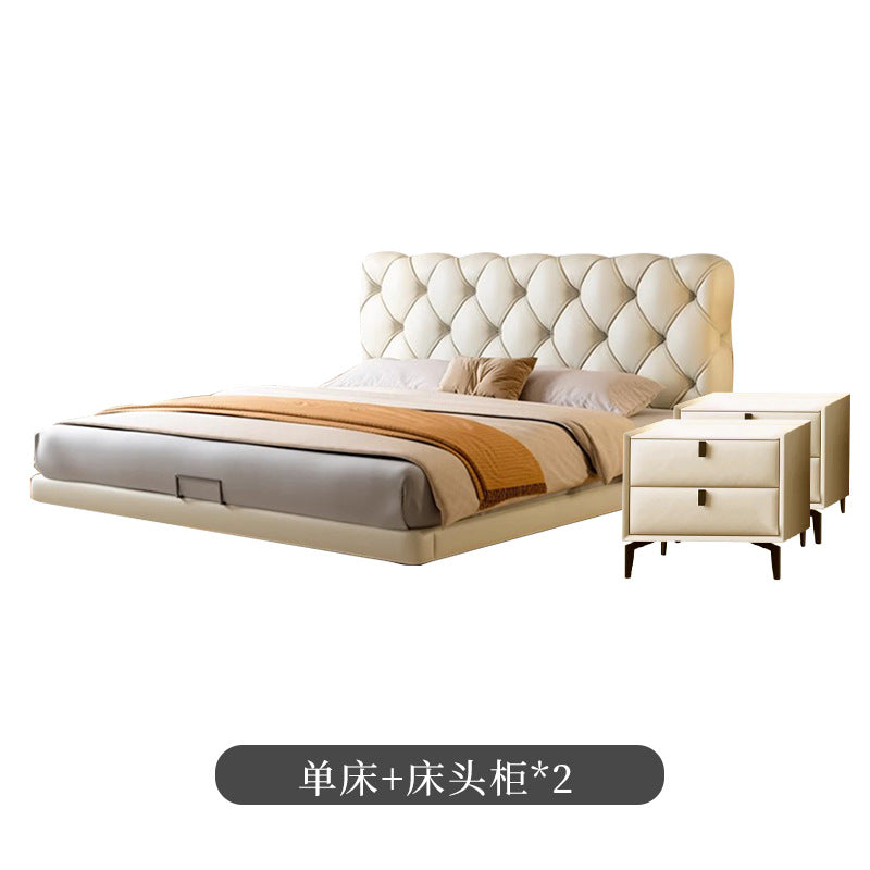Foshan source factory genuine leather bed master bedroom classyelegant double soft leather bed cream style buckle suspended bed