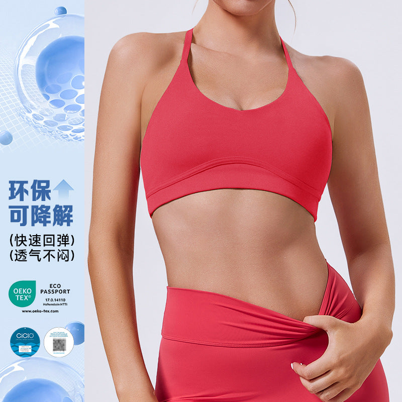 Eco-friendly biodegradable new fabric outerwear sports tank top with beautiful back straps, padded bra, fitness tank top, stretchy yoga top