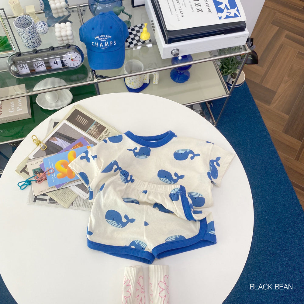 summer new korean style kids' dolphin print short sleeve & shorts cotton set - baby cartoon loungewear