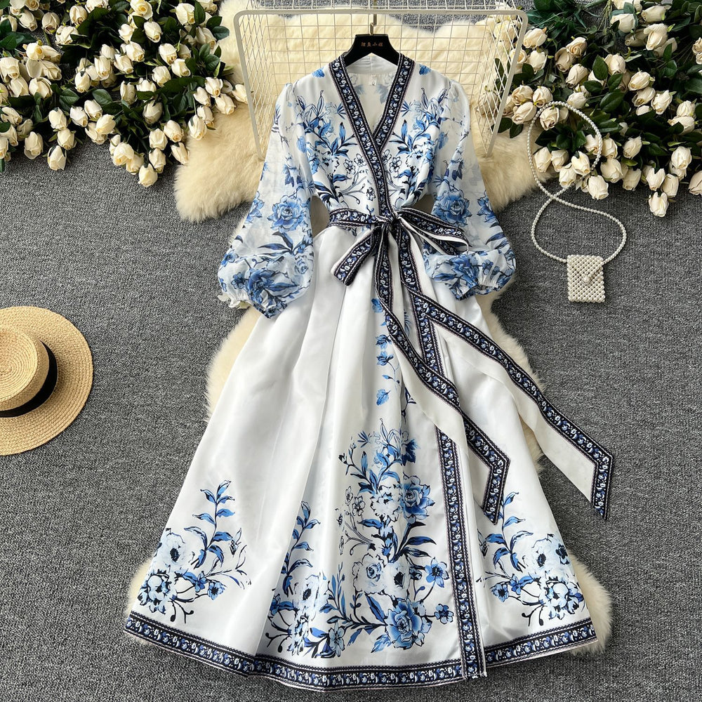European and american retro court style printed dress - women's designer cinched waist tie-up v-neck lantern sleeve knee-length evening gown