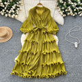 2025 new elegant spring dress: high-end vintage collar lantern sleeve ruched waist ruffle pleated dress for women