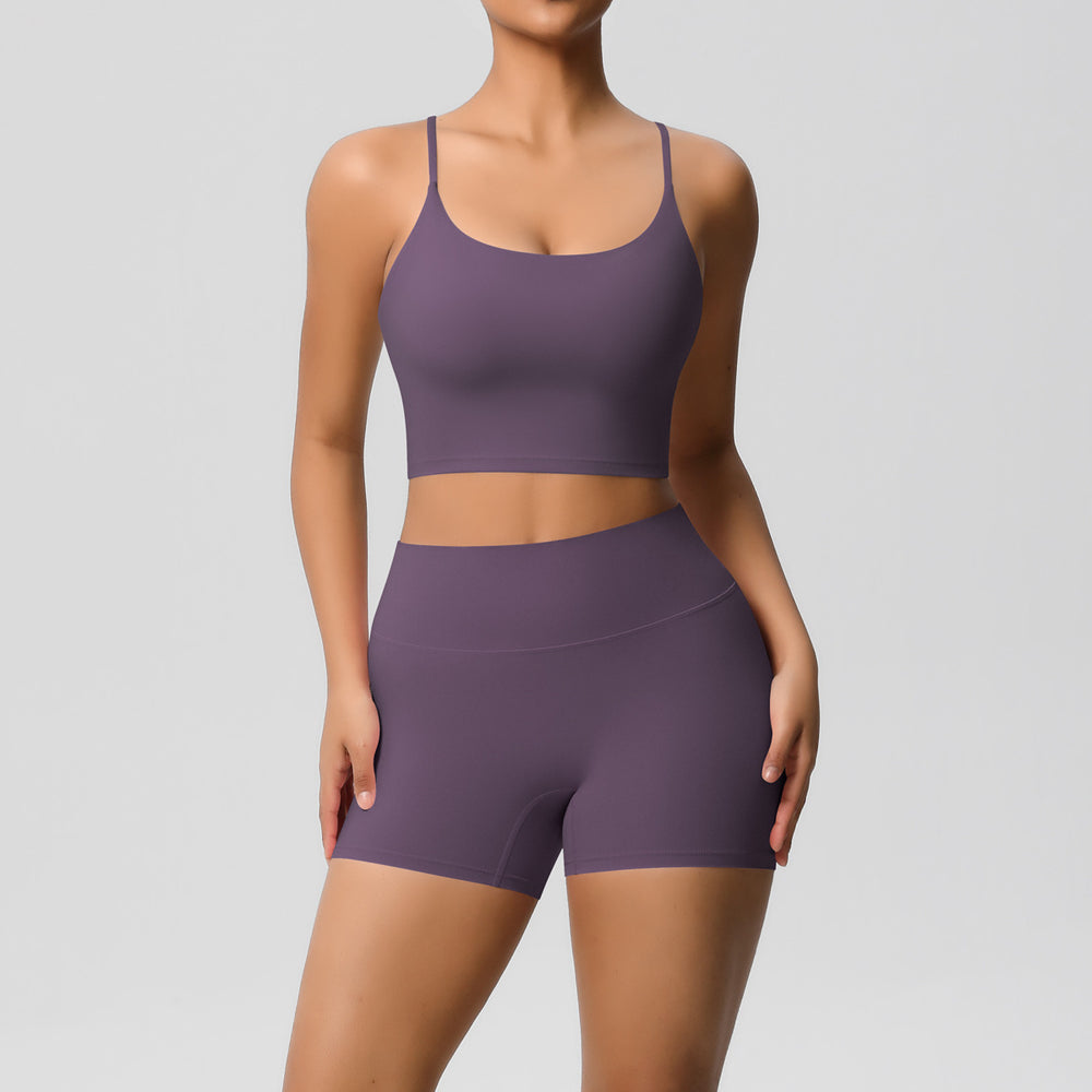 New arrival: cross-border brushed solid color racerback compression breathable yoga set - women's activewear running & fitness shorts set