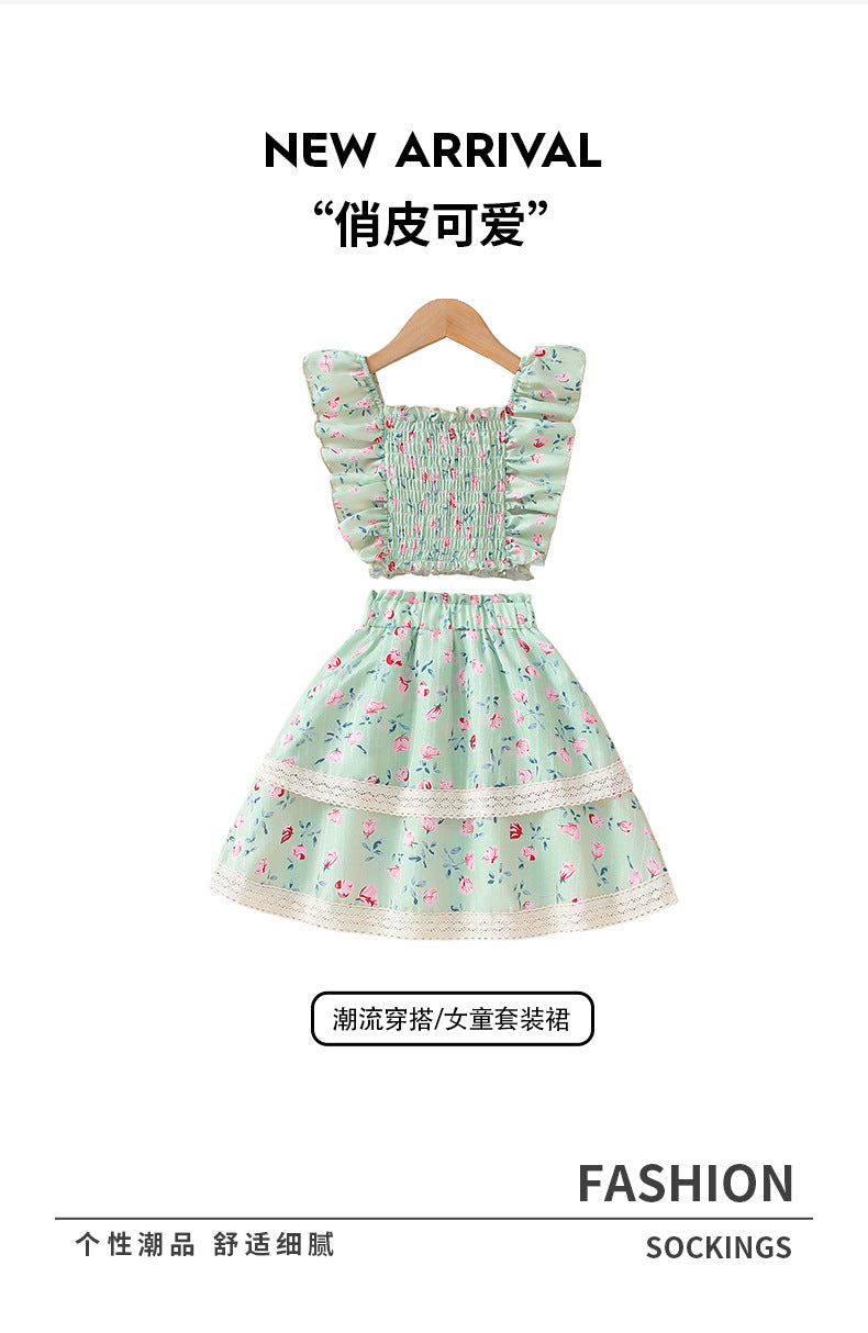 girl skirt suitfrench flying sleeve small floral green cake skirt summerkids skirt two-piece set