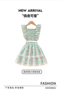 girl skirt suitfrench flying sleeve small floral green cake skirt summerkids skirt two-piece set