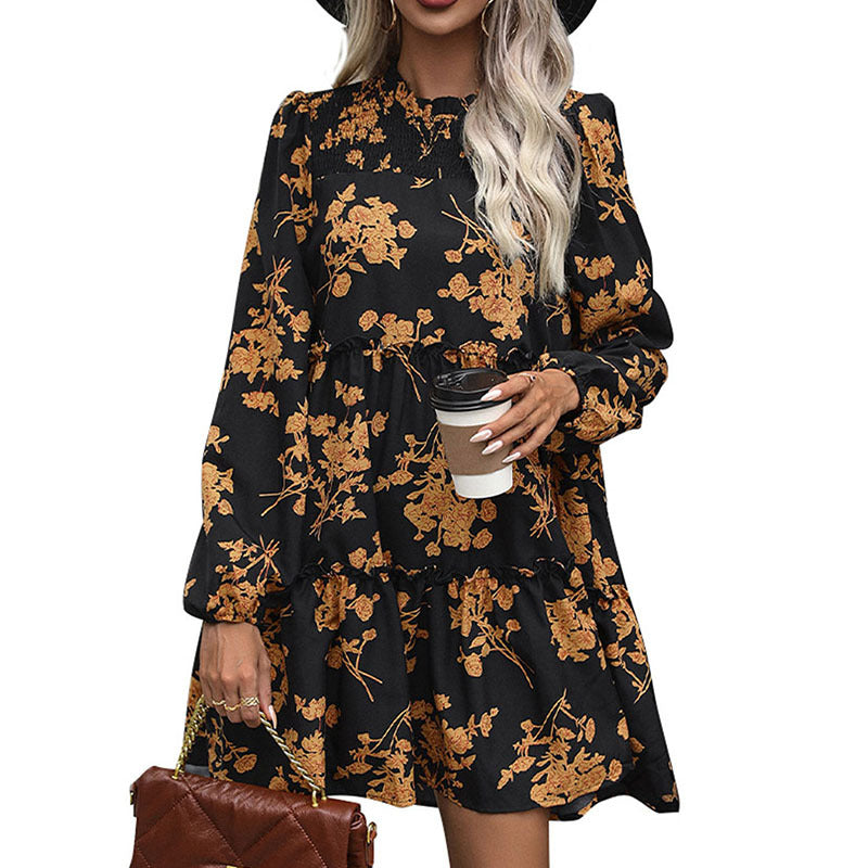 European  2025 new autumn  sweet retro style printing bubble sleeve short semi-turtleneck dress