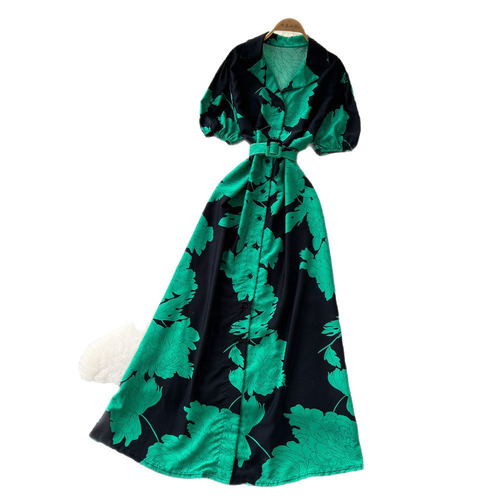 French retro floral print elegant dress - women's summer short sleeve v-neck slimming a-line maxi dress for work