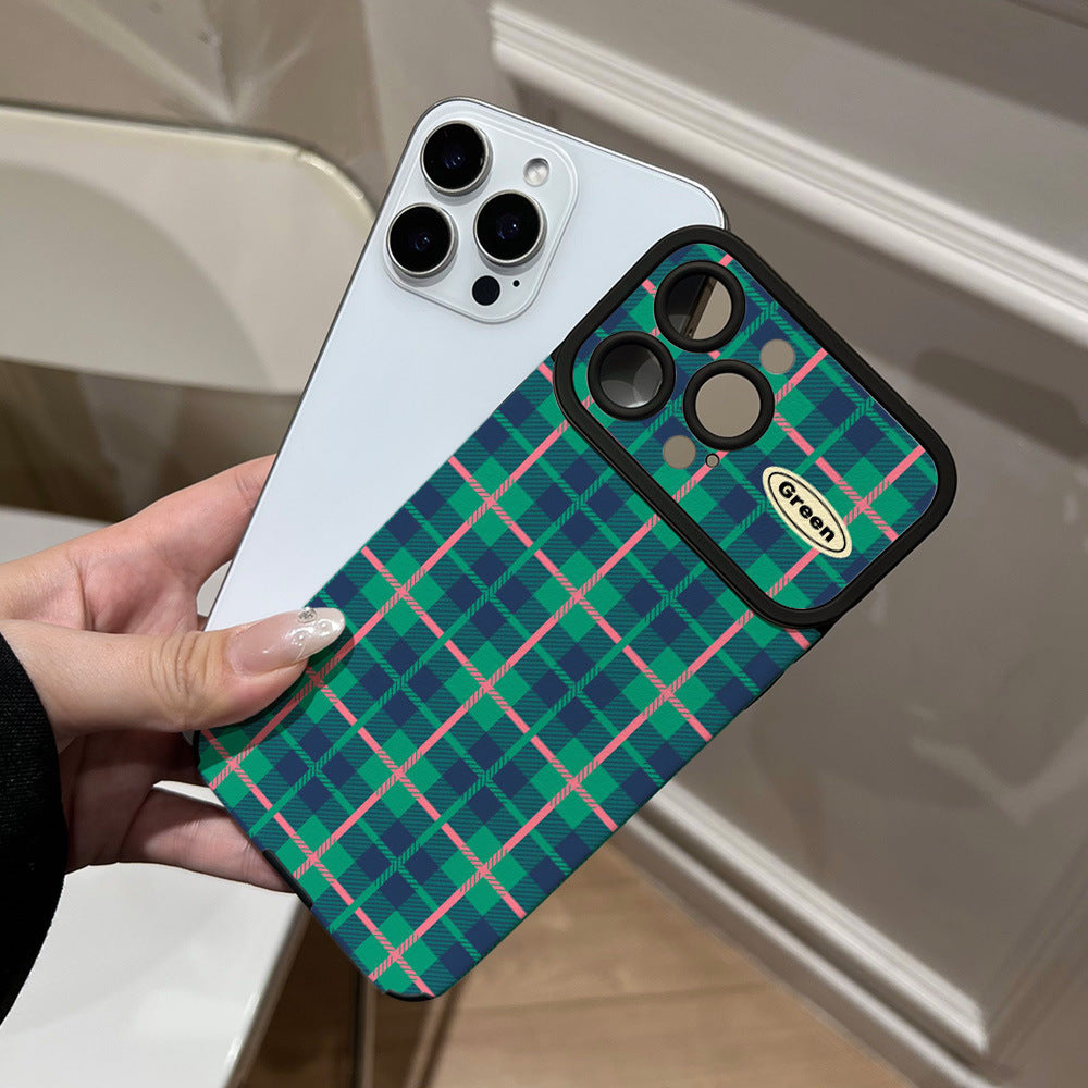 Ins british style grids phone case suitable for iphone16/15 anti-fall 17promax green and pink contrasting color soft case