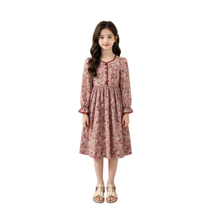 big kids' girls' clothing  foreign trade spring/autumn new french style vacation floral print cinched waist long sleeve dress