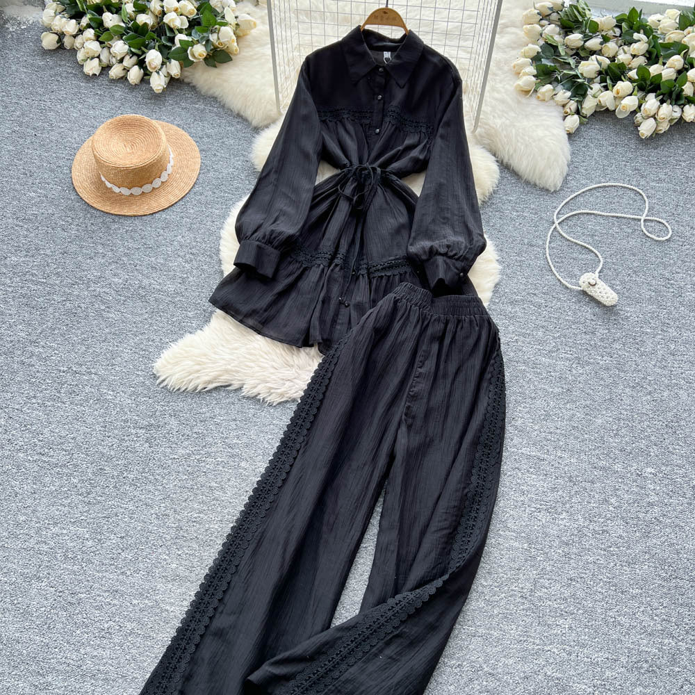 Frenchretro young ladysuit women's summer lantern sleeve shirt + elastic waist slimming look wide leg drapedpants