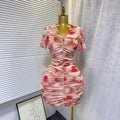 Summernew arrival pure desire sexy tie-dye printing silmv neck elastic mesh dress pleated hip skirt for women