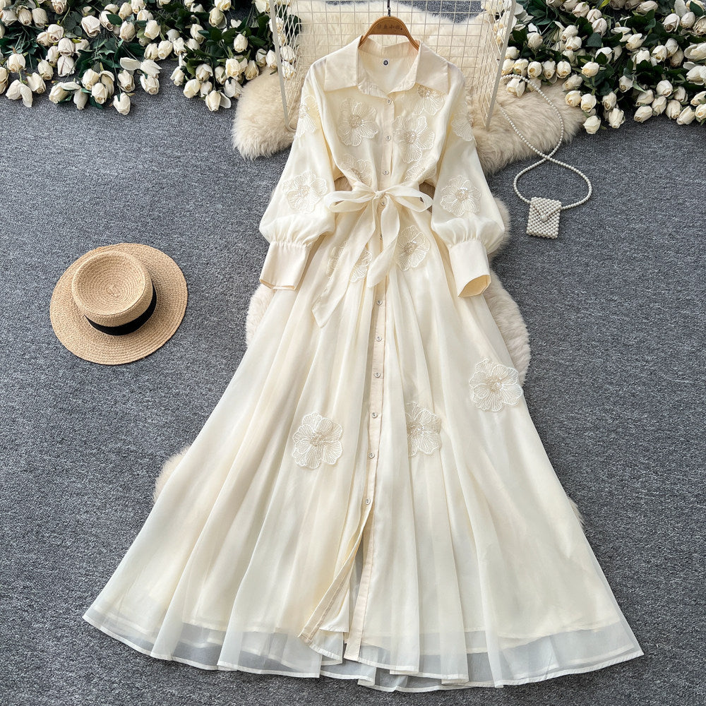 Frenchelegant heavy industry flower embroiderlong sleevesdress women's summerk-style strap waist slimming lookelegant long skirt