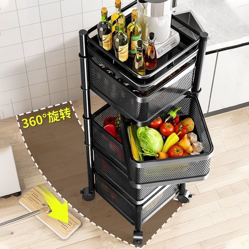 Kitchen rotating storage rack, home floor-standing living room snack box, toy, fruit, and vegetable basket, multi-tier trolley organizer