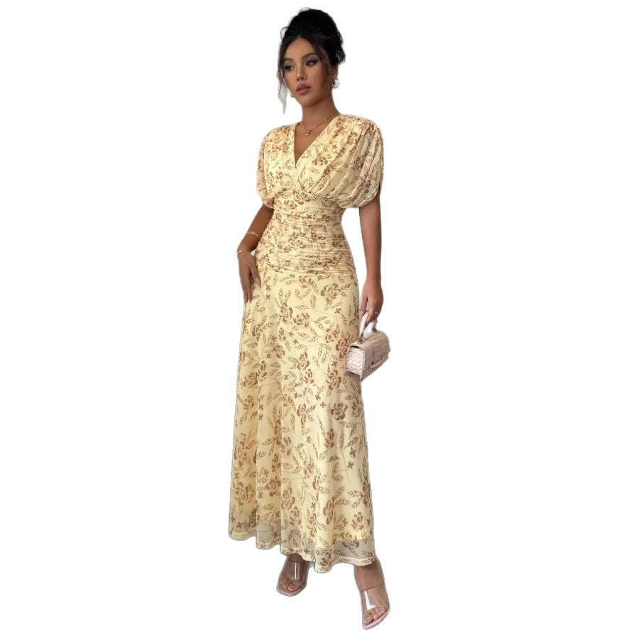 european and american cross-border summer women's new floral v-neck puff sleeve dress
