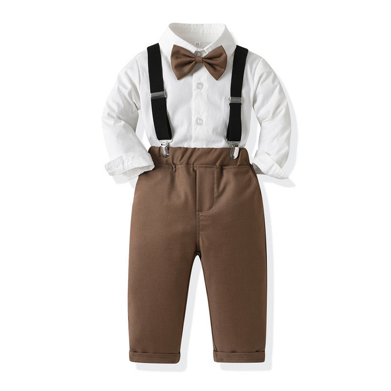 New british style boys' spring outfit: long-sleeved white shirt and suspender pants formal set - spring new arrivals for boys' clothing