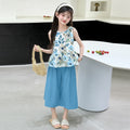 Girls' sleeveless summer outfit:  new summer style, trendy floral tank top and wide-leg pants two-piece set