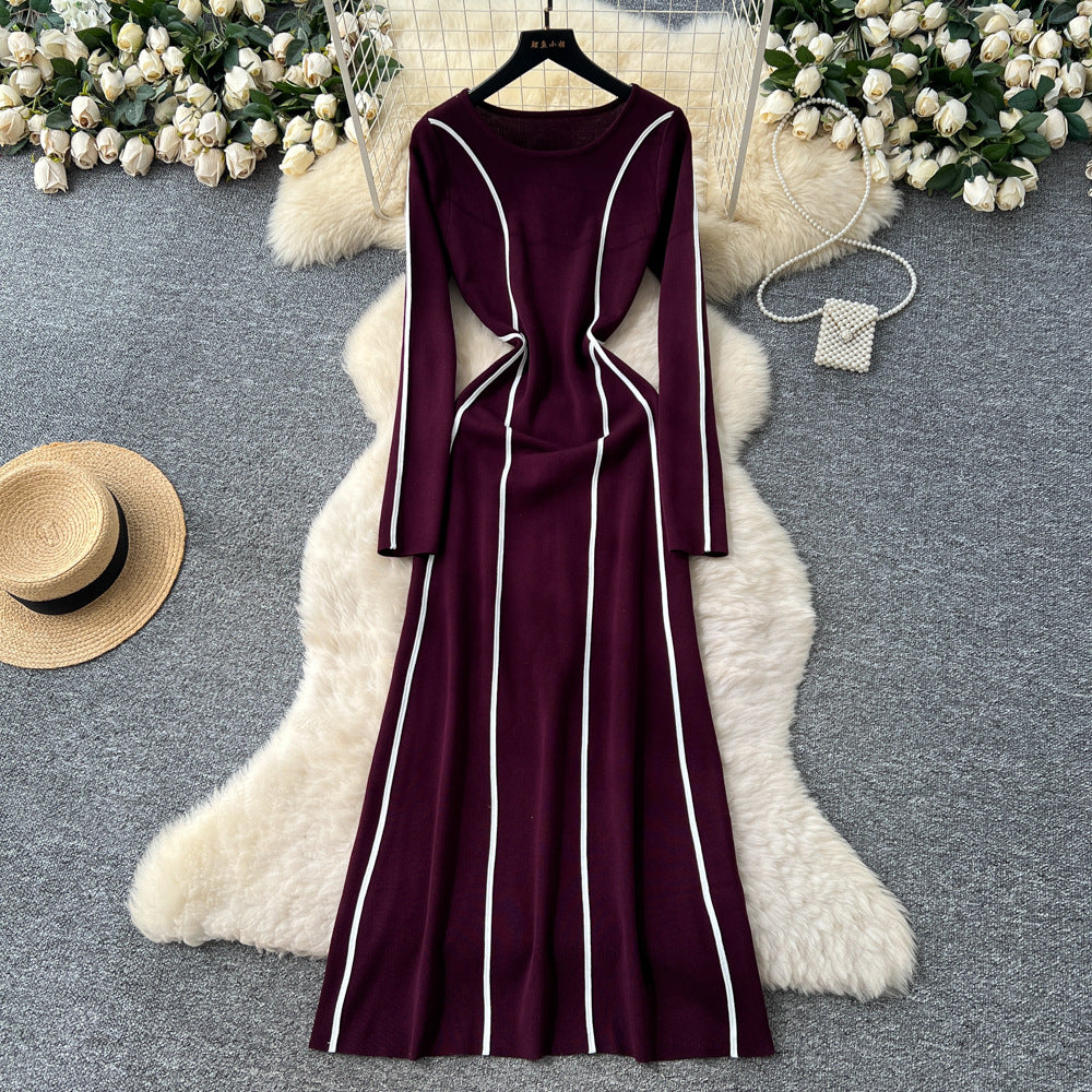 Frenchclassy niche stylefashioncontrast color side patchwork waist round neck long sleevessweaterdress women's slimming look long skirt