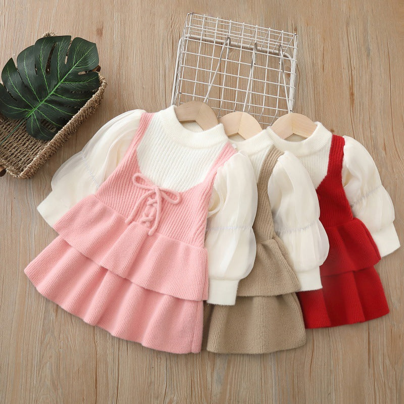 Kidssweaterdress tweed styleknitting long skirtfall and winternew arrivalgirlsweater skirtsuit