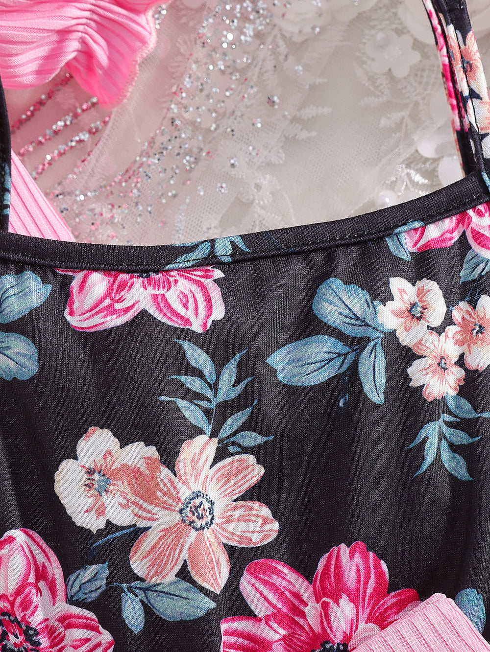 girldresssuit pink lantern sleeve outer printed suspender gauze skirt kids tutu skirt