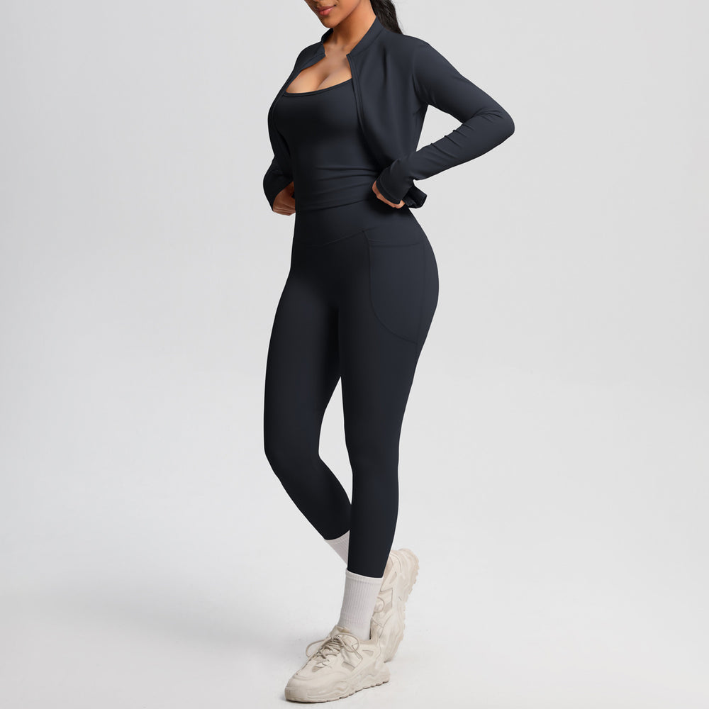 Fashion cross-border new cloud-sensing brushed sports vest flap pocket pantscasual hip-lifting fitness yoga wear three-piece set